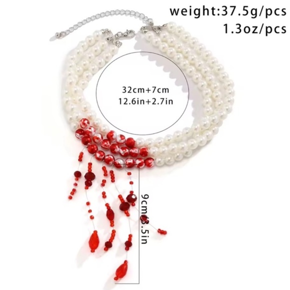 Glam Red Beaded Pearl Choker Necklace | Elegant Gothic Statement Jewelry - Picture 6 of 7